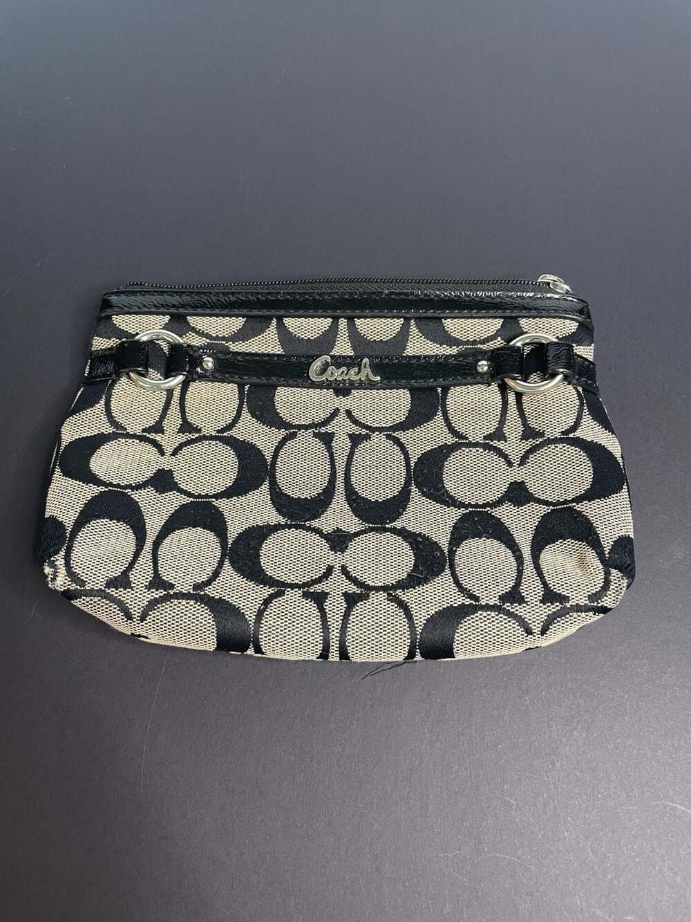 Coach Signature Monogram Canvas Wristlet Pouch in Black and Gray